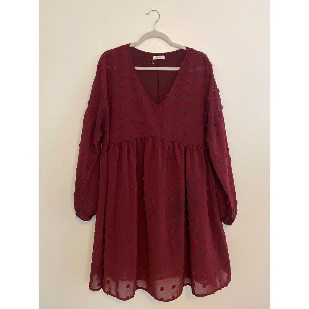 Amaryllis Burgundy Swiss Dot Long-Sleeve V-Neck Chiffon Babydoll Dress XL
